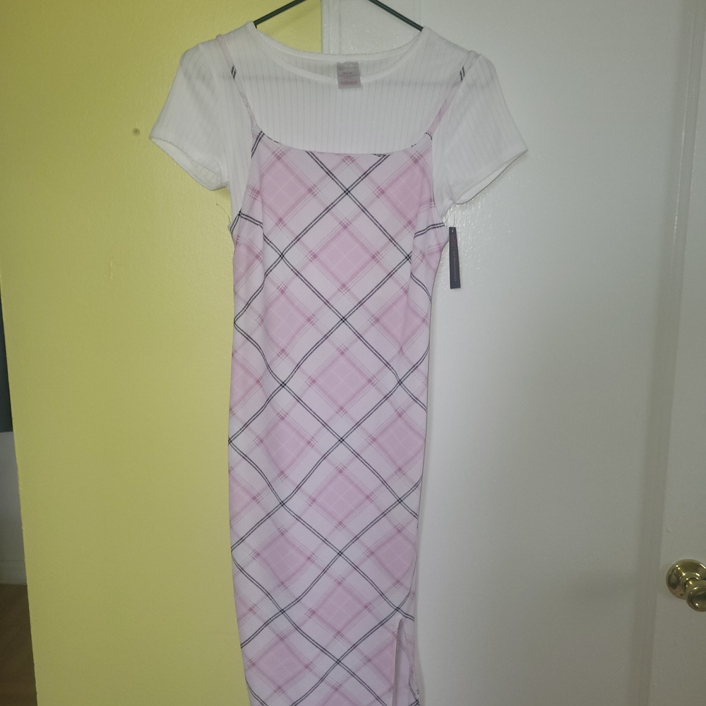 No Boundaries Pink Checkered Midi Dress with White Top